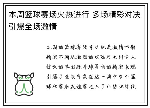 本周篮球赛场火热进行 多场精彩对决引爆全场激情