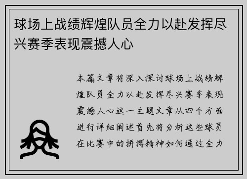 球场上战绩辉煌队员全力以赴发挥尽兴赛季表现震撼人心