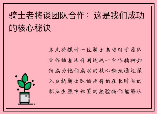 骑士老将谈团队合作：这是我们成功的核心秘诀