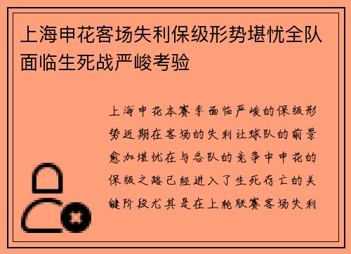 上海申花客场失利保级形势堪忧全队面临生死战严峻考验