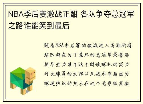 NBA季后赛激战正酣 各队争夺总冠军之路谁能笑到最后