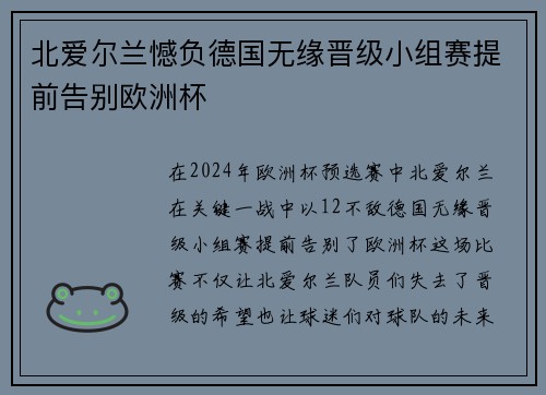北爱尔兰憾负德国无缘晋级小组赛提前告别欧洲杯