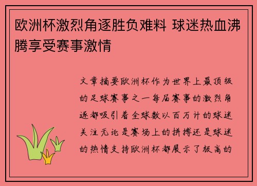 欧洲杯激烈角逐胜负难料 球迷热血沸腾享受赛事激情