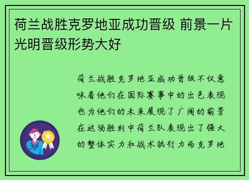 荷兰战胜克罗地亚成功晋级 前景一片光明晋级形势大好